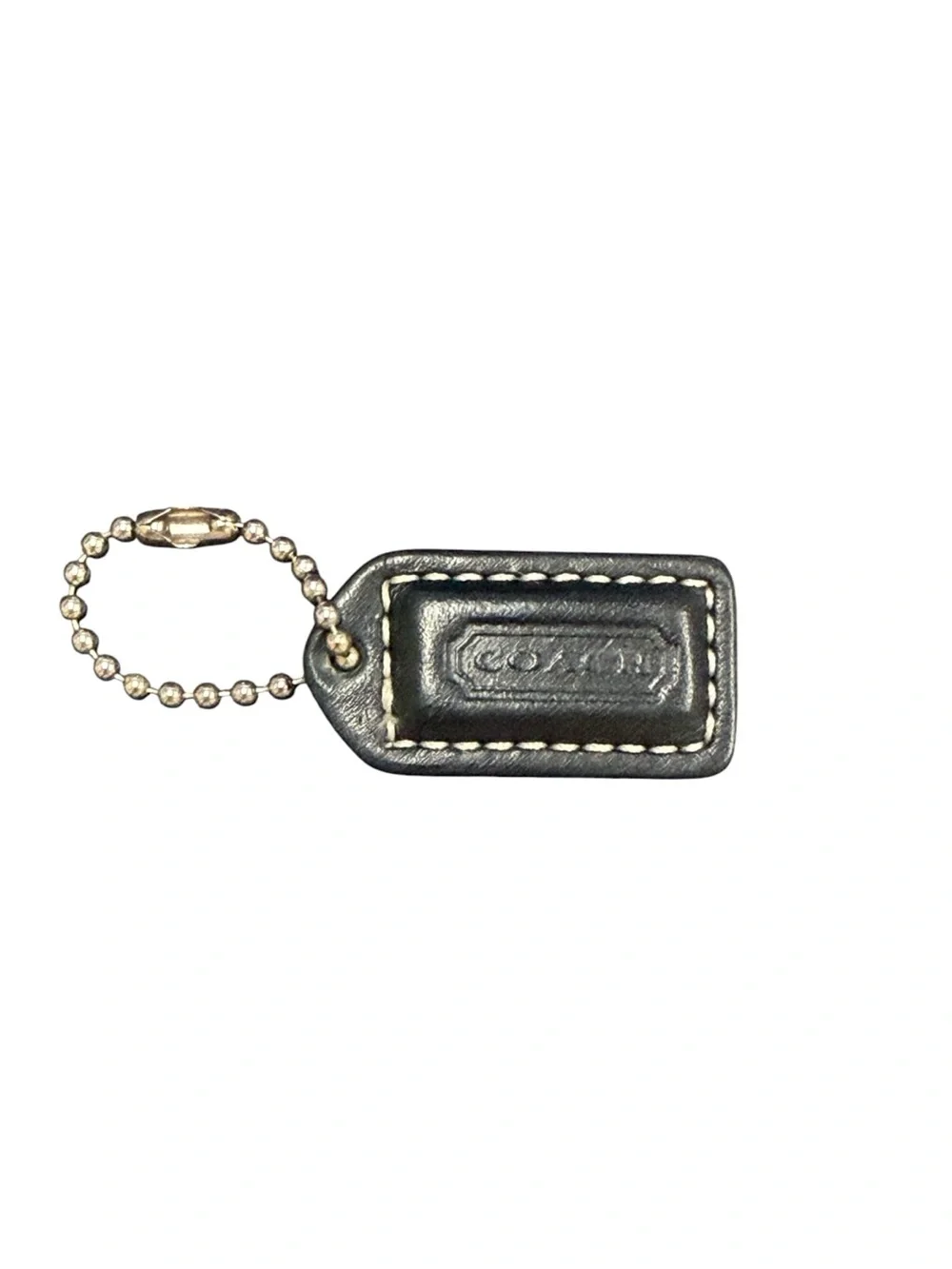 Coach Black Leather Key Tag with Silver Ball Chain